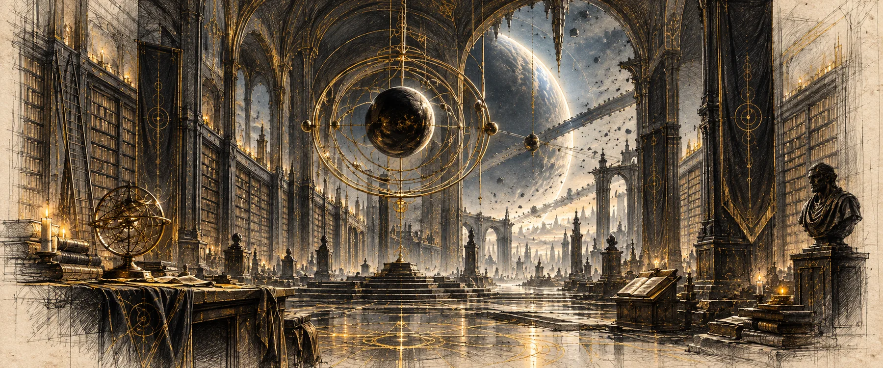 A vast sepia archive hall beneath an impossible dark sphere