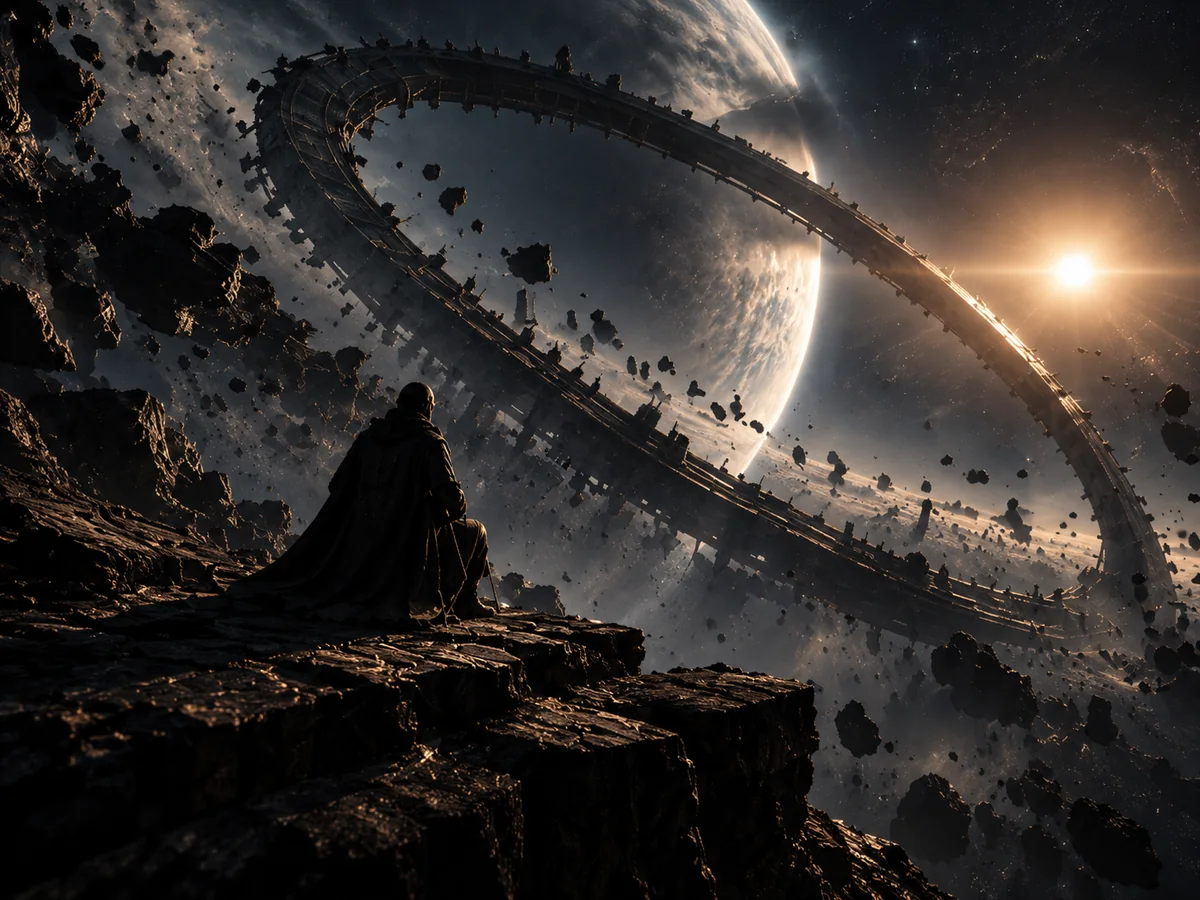 A lone figure facing a vast broken celestial ring above a dark world