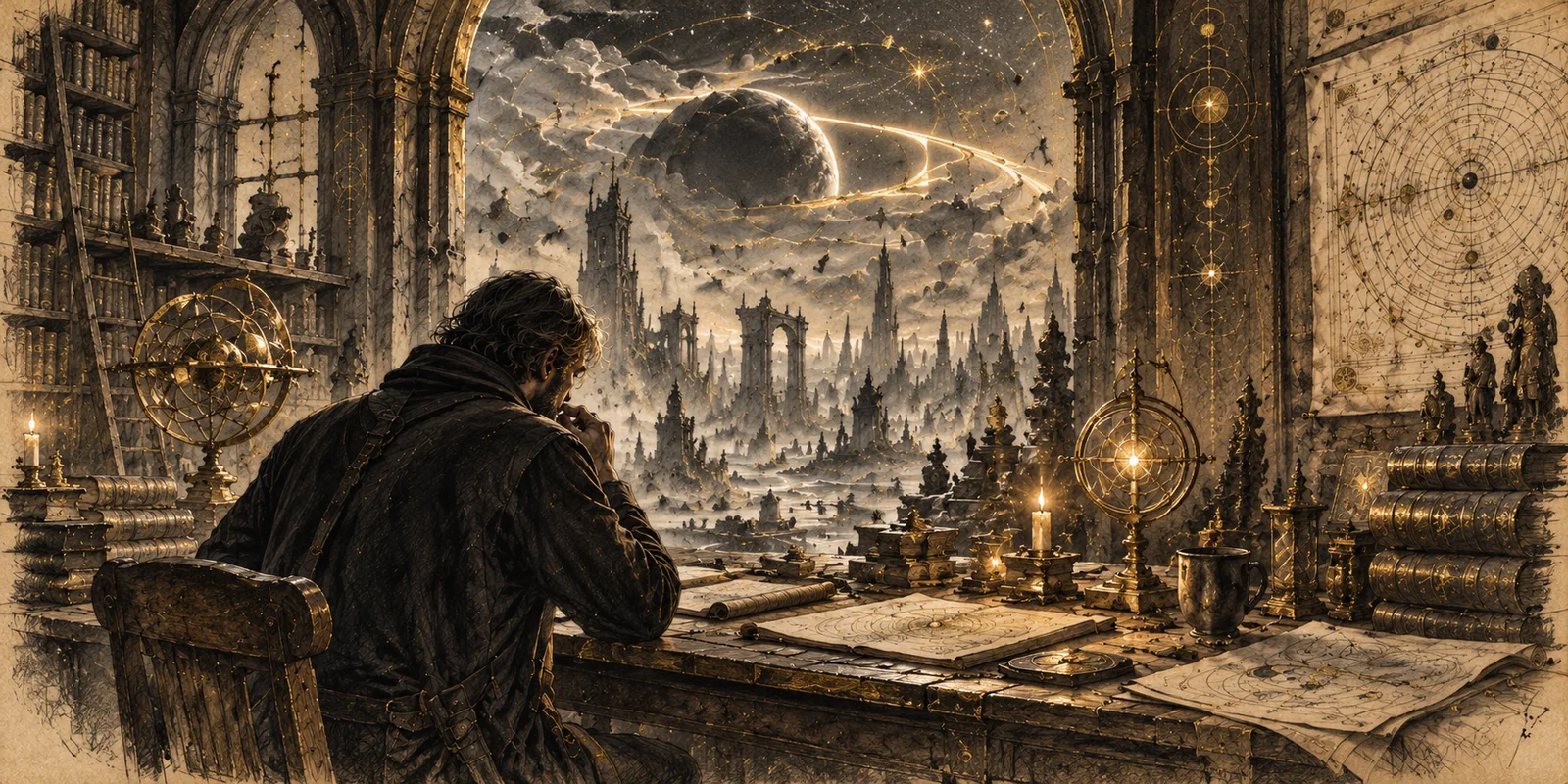 A writer at a desk overlooking a distant archive-city and celestial pattern