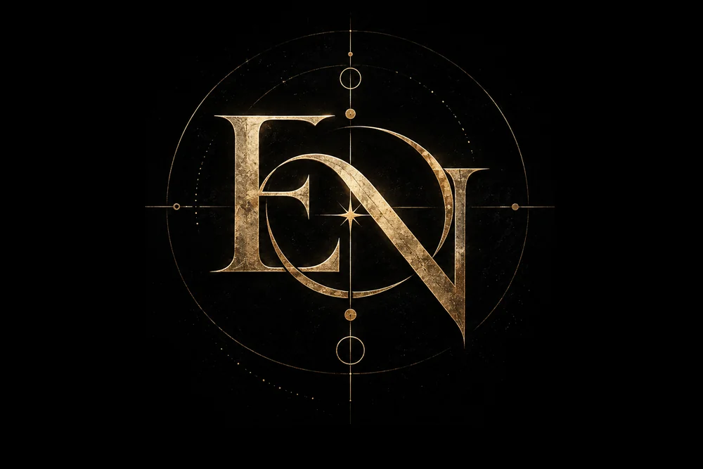 Gold Erasmus Nyler EN monogram set within an archival celestial diagram