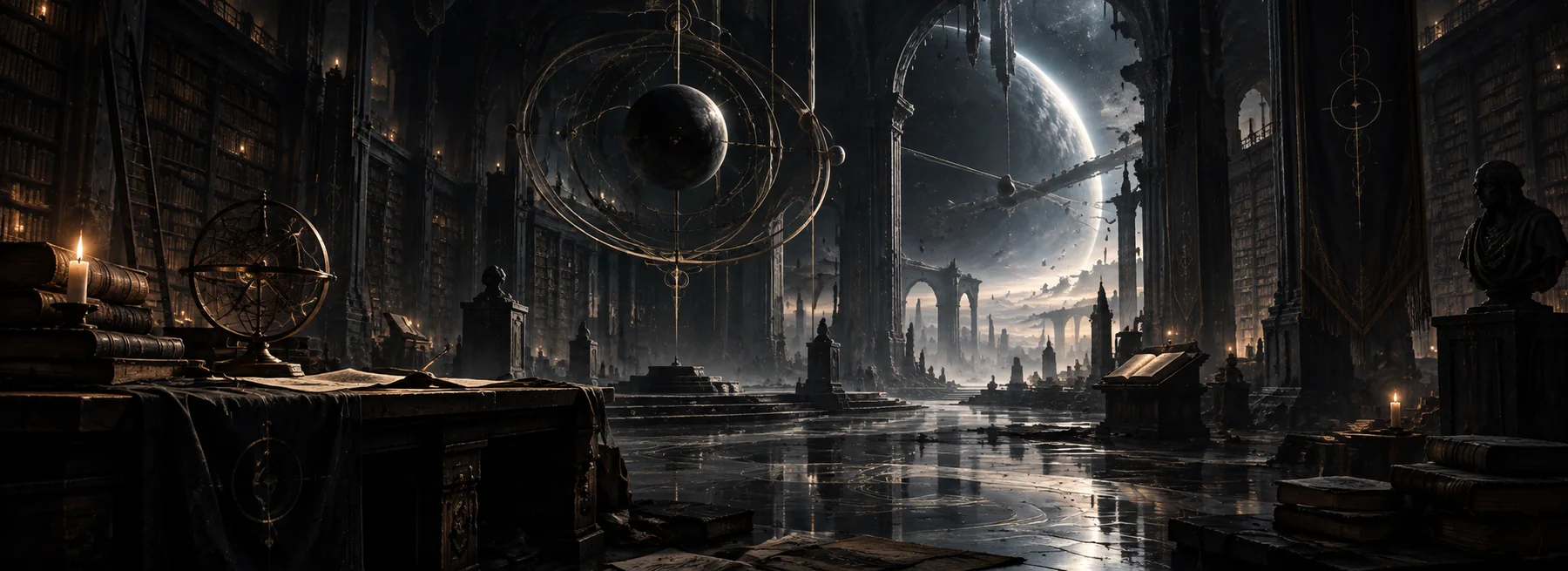 A vast dark archive hall opening toward a distant celestial horizon
