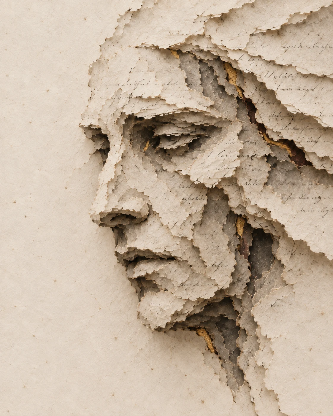 The Encyclopaedist interpreted as a face emerging from handwritten paper layers