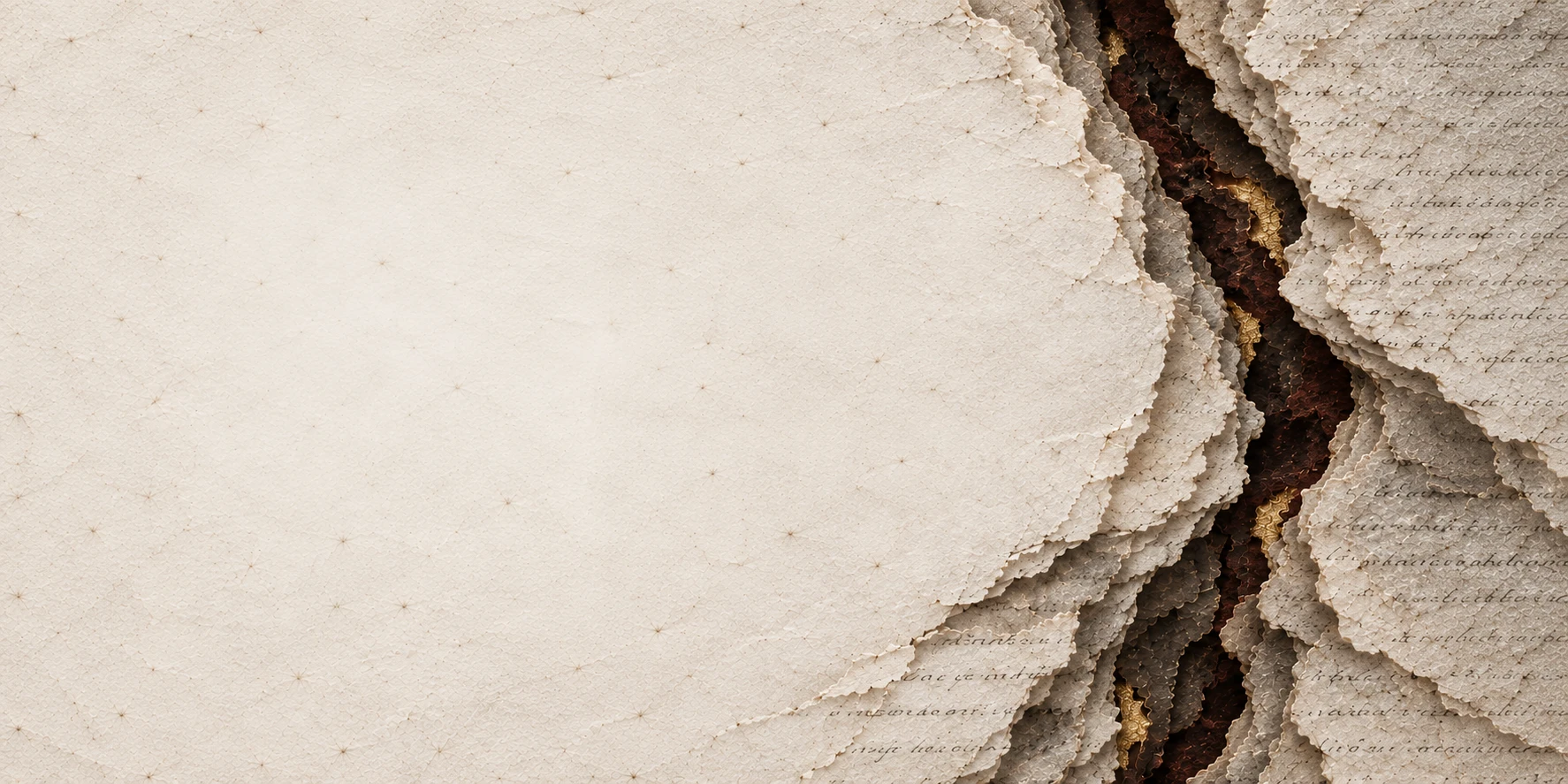 A deep fissure through layers of handwritten ivory paper, with traces of aged gold